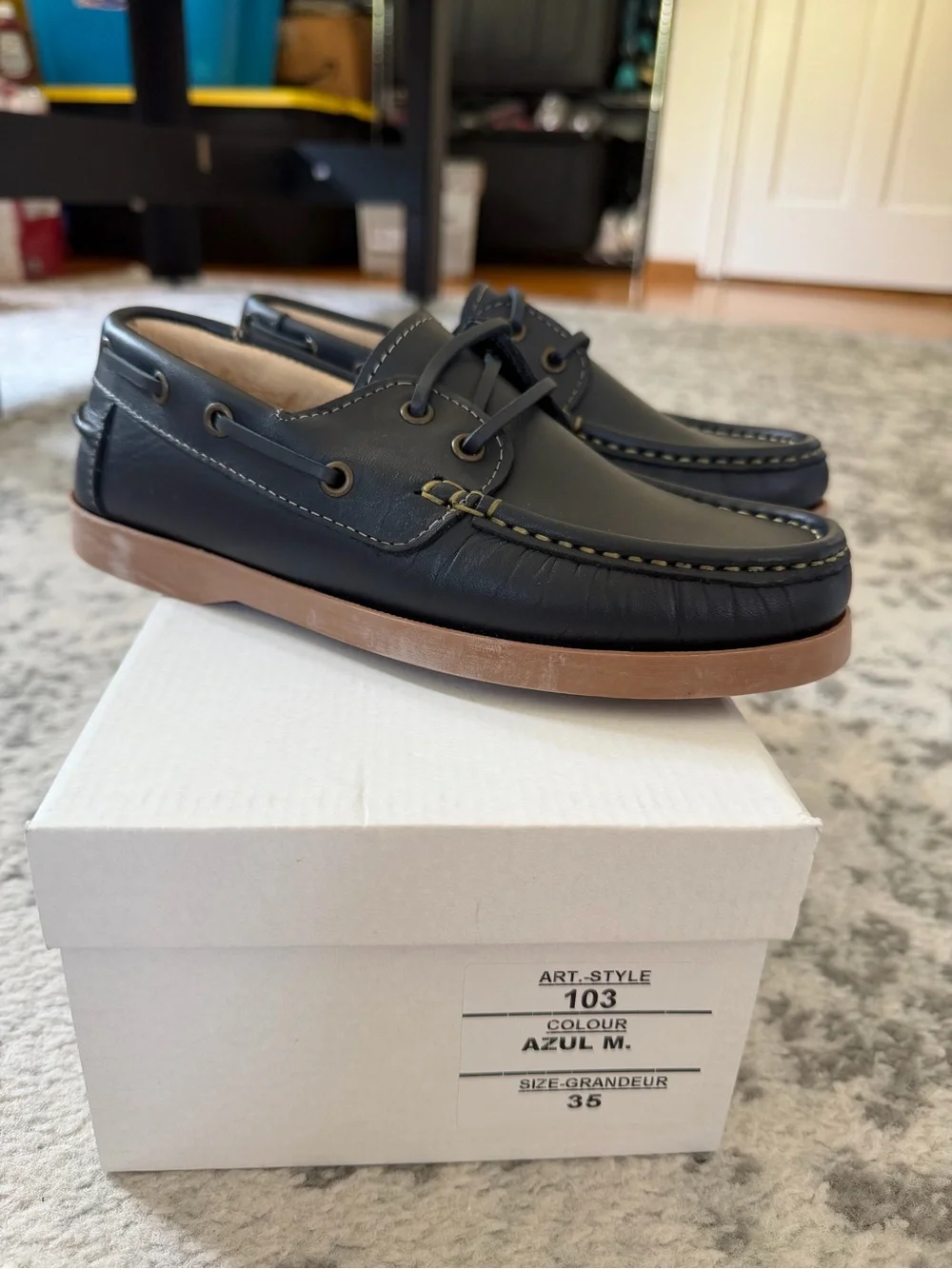 Kids Navy Leather Boat Shoes with Contrasting Brown Sole